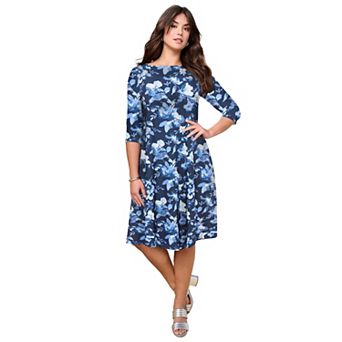 Roaman's Women's Plus Size 3/4 Sleeve Boatneck Swing Dress