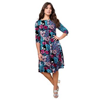 Roaman's Women's Plus Size Plus Size 3/4 Sleeve Boatneck Swing Dress