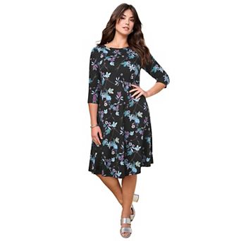 Roaman's Women's Plus Size 3/4 Sleeve Boatneck Swing Dress