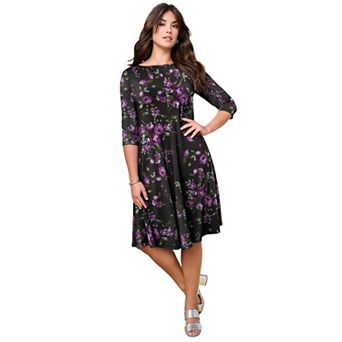 Roaman's Women's Plus Size Plus Size 3/4 Sleeve Boatneck Swing Dress