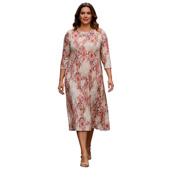 Roaman's Women's Plus Size 3/4 Sleeve Boatneck Swing Dress