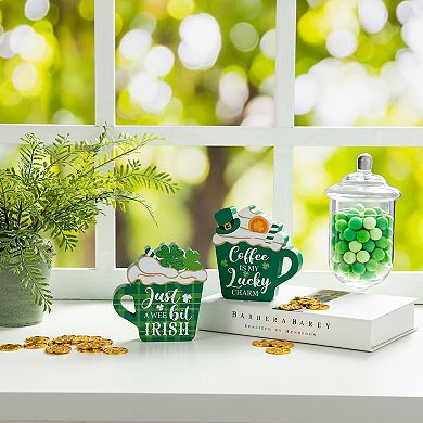 Glitzhome 5.25"H Set of 2 Classic Wooden St. Patrick's Coffee Cup Table Decor