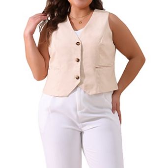 Plus Size Linen Vest for Women Sleeveless Lined Waistcoat Vest Top with Pockets Fashion Casual