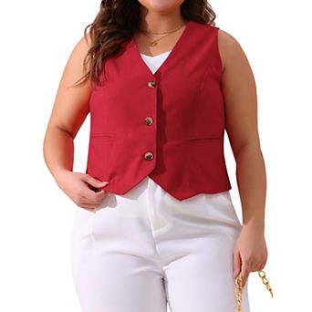 Plus Size Linen Vest for Women Sleeveless Lined Waistcoat Vest Top with Pockets Fashion Casual
