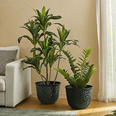 Glitzhome 15.25"D Set of 2 Honeycomb Textured Faux Ceramic Pot Plastic Planter