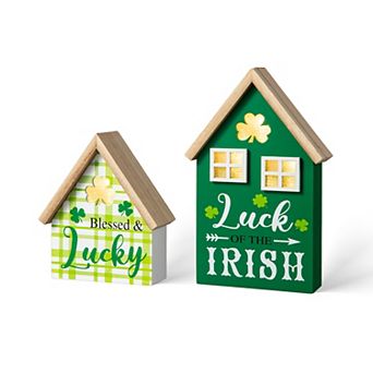 Glitzhome 8.5"H Set of 2 Lighted St. Patrick's Wooden House-shaped Table Decor