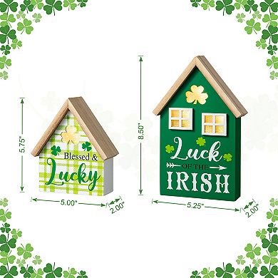Glitzhome 8.5"H Set of 2 Lighted St. Patrick's Wooden House-shaped Table Decor