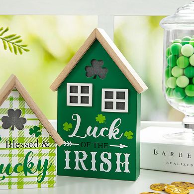 Glitzhome 8.5"H Set of 2 Lighted St. Patrick's Wooden House-shaped Table Decor