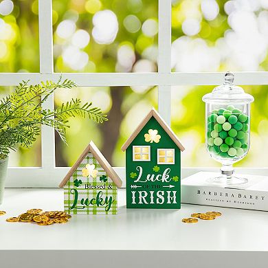 Glitzhome 8.5"H Set of 2 Lighted St. Patrick's Wooden House-shaped Table Decor