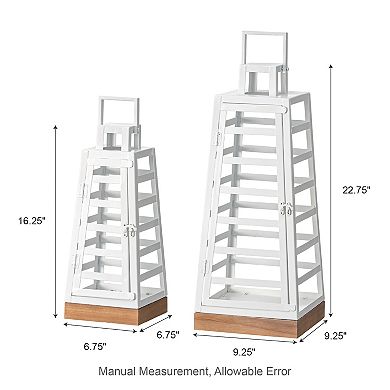 Glitzhome Set of 2 Modern Trapezoid Metal/Wood Lanterns