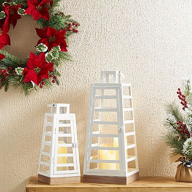 Glitzhome Set of 2 Modern Trapezoid Metal/Wood Lanterns
