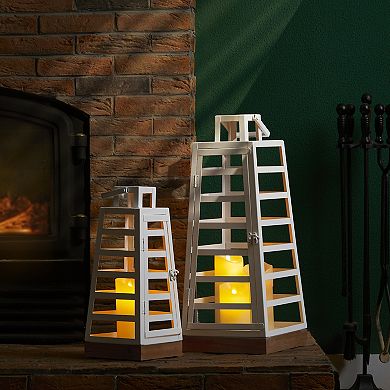 Glitzhome Set of 2 Modern Trapezoid Metal/Wood Lanterns
