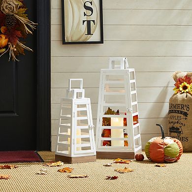 Glitzhome Set of 2 Modern Trapezoid Metal/Wood Lanterns