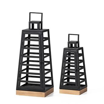 Glitzhome Set of 2 Modern Trapezoid Metal/Wood Lanterns