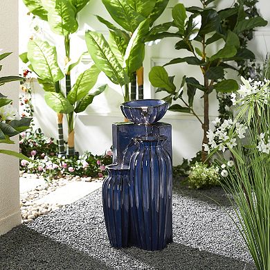 Glitzhome 3-Tiered Ceramic Outdoor Floor Fountain with Pump and LED Light