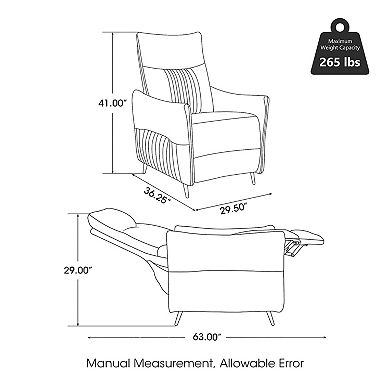 Glitzhome Modern Blue Fabric Push Back Recliner with Ergonomic Segmented Back