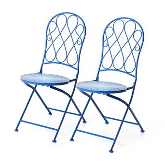 Glitzhome Set of 2 36.5"H Outdoor Metal Folding Blue Bistro Chairs