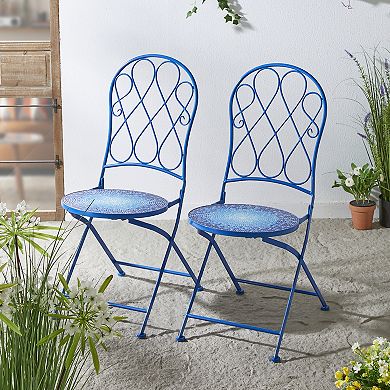 Glitzhome Set of 2 36.5"H Outdoor Metal Folding Blue Bistro Chairs