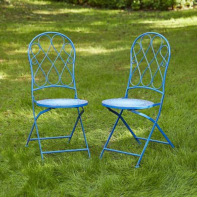 Glitzhome Set of 2 36.5"H Outdoor Metal Folding Blue Bistro Chairs