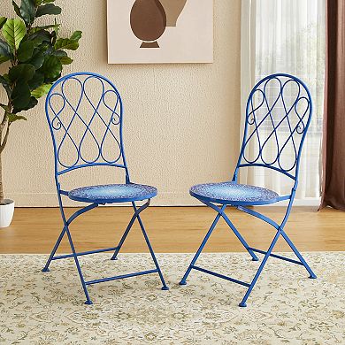 Glitzhome Set of 2 36.5"H Outdoor Metal Folding Blue Bistro Chairs
