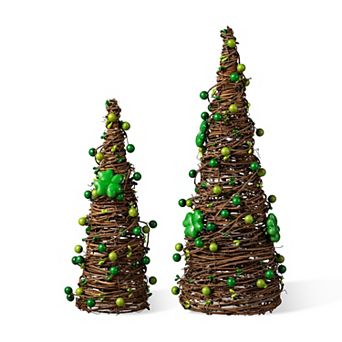 Glitzhome 16"H Set of 2 St. Patrick's Rattan Shamrock and Berries Table Tree