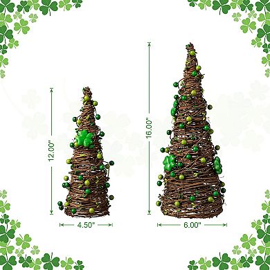 Glitzhome 16"H Set of 2 St. Patrick's Rattan Shamrock and Berries Table Tree