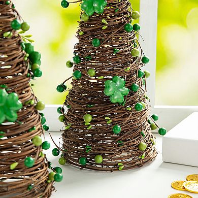 Glitzhome 16"H Set of 2 St. Patrick's Rattan Shamrock and Berries Table Tree