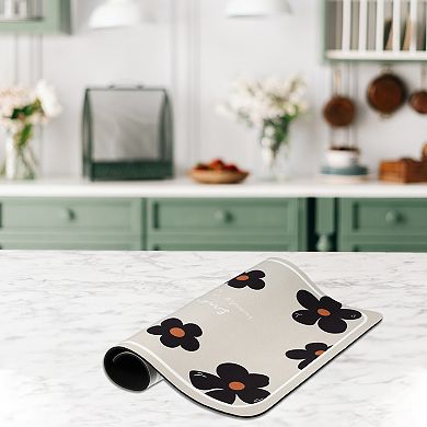 1 Pc Drain Pad Hyuna Flower-Cream White Dish Drying Mat for Kitchen Beige Black 19.69"x15.75"