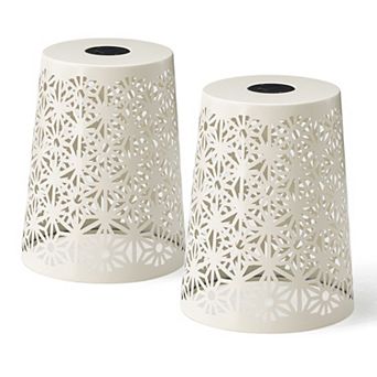 Glitzhome 17.5"H Set of 2 Iron Cutout Pattern Solar Powdered Garden Stool
