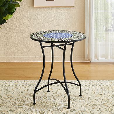 Glitzhome 28"H Outdoor Metal Folding Bistro Table with Ceramic Tile Top