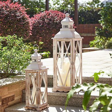 Glitzhome Set of 2 Farmhouse Wooden Lanterns With Diamond Window Frame