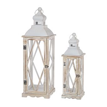 Glitzhome Set of 2 Farmhouse Wooden Lanterns With Diamond Window Frame