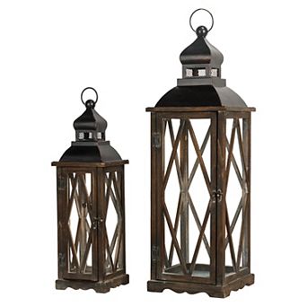 Glitzhome Set of 2 Farmhouse Wooden Lanterns With Diamond Window Frame