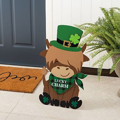 Glitzhome St. Patrick's Wooden Highland Cow Standing Porch Decor
