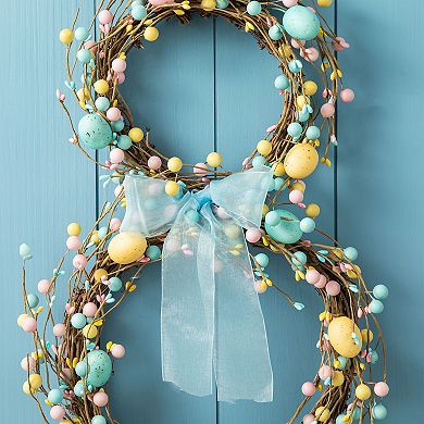 Glitzhome 24.5"H Easter Bunny Shaped Wreath with Eggs & Satin Ribbon Bow
