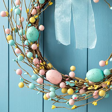 Glitzhome 24.5"H Easter Bunny Shaped Wreath with Eggs & Satin Ribbon Bow