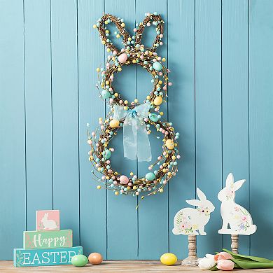 Glitzhome 24.5"H Easter Bunny Shaped Wreath with Eggs & Satin Ribbon Bow