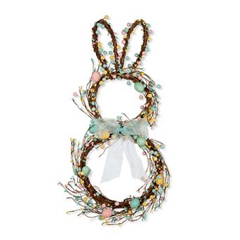 Glitzhome 24.5"H Easter Bunny Shaped Wreath with Eggs & Satin Ribbon Bow