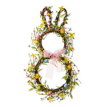 Glitzhome 24.5"H Easter Bunny Shaped Wreath with Eggs & Satin Ribbon Bow
