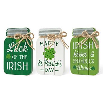 Glitzhome 7"H Set of 3 St. Patrick's Elegant Wooden Mason Jar Table decor