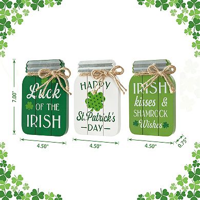 Glitzhome 7"H Set of 3 St. Patrick's Elegant Wooden Mason Jar Table decor