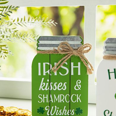 Glitzhome 7"H Set of 3 St. Patrick's Elegant Wooden Mason Jar Table decor