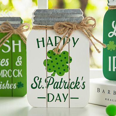 Glitzhome 7"H Set of 3 St. Patrick's Elegant Wooden Mason Jar Table decor
