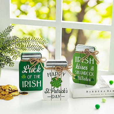 Glitzhome 7"H Set of 3 St. Patrick's Elegant Wooden Mason Jar Table decor