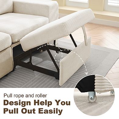 L-shaped Corduroy Push-Pull Sofa Bed, 2 Extra Footstools and Side Storage Shelf