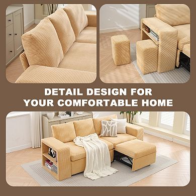 L-shaped Corduroy Push-Pull Sofa Bed, 2 Extra Footstools and Side Storage Shelf