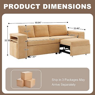 L-shaped Corduroy Push-Pull Sofa Bed, 2 Extra Footstools and Side Storage Shelf
