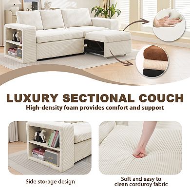 L-shaped Corduroy Push-Pull Sofa Bed, 2 Extra Footstools and Side Storage Shelf