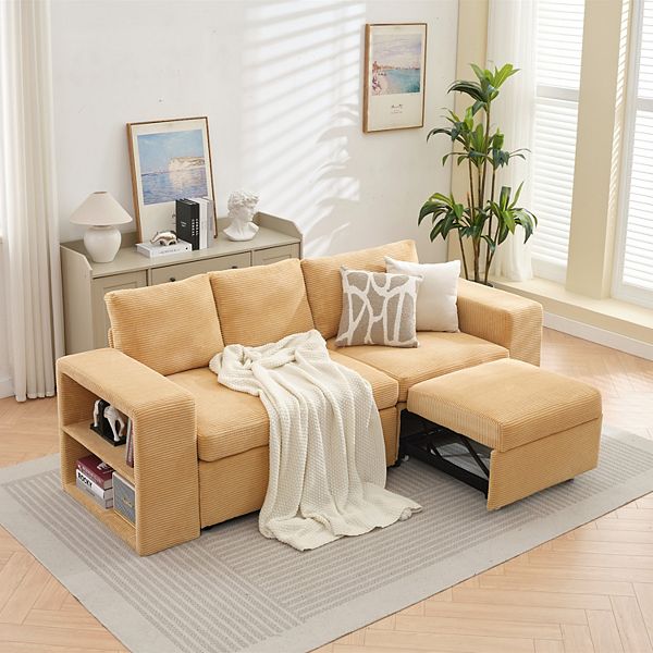 L-shaped Corduroy Push-Pull Sofa Bed, 2 Extra Footstools and Side Storage Shelf - Mineral Yellow