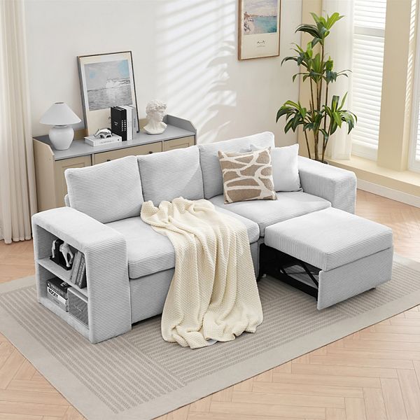 L-shaped Corduroy Push-Pull Sofa Bed, 2 Extra Footstools and Side Storage Shelf - Mist Grey